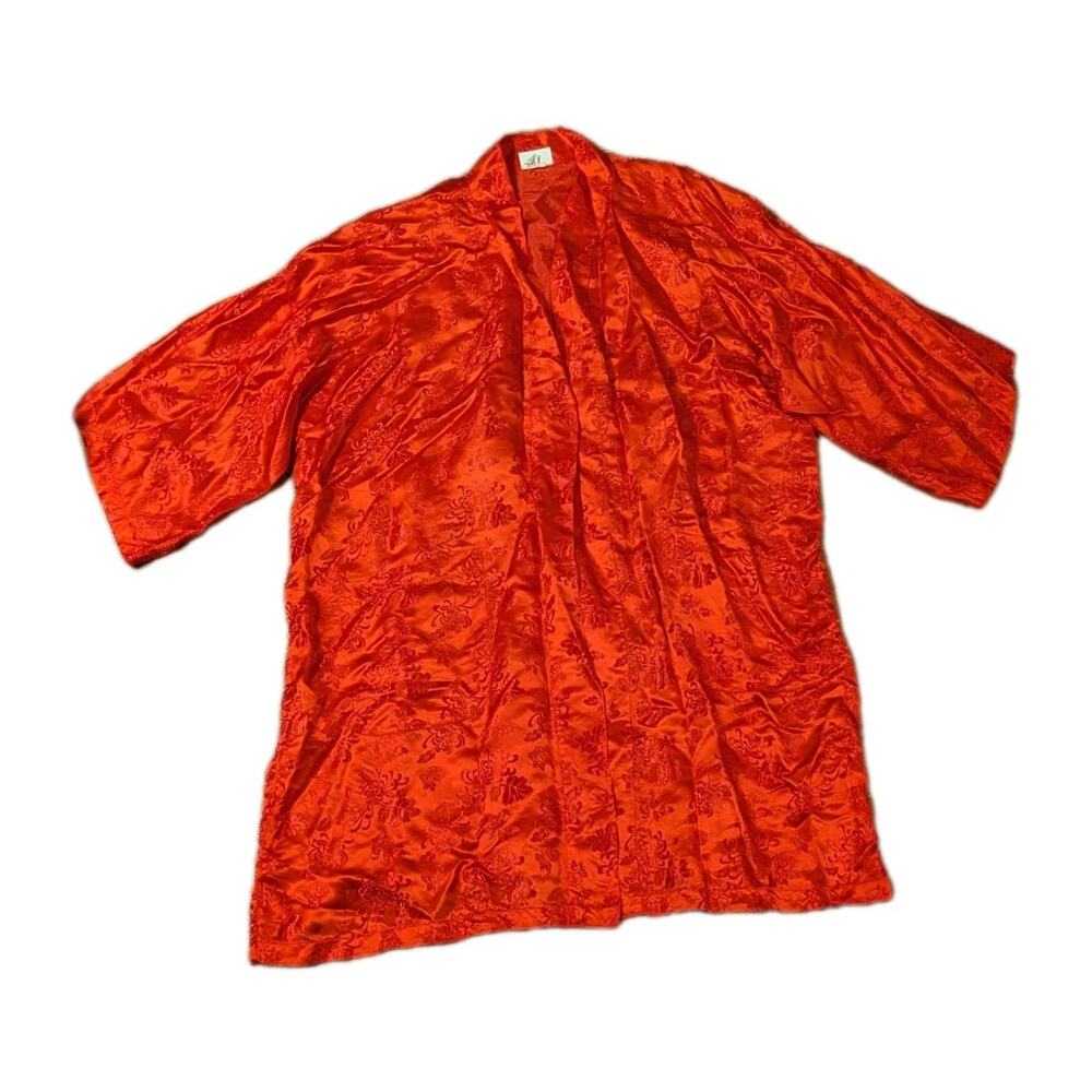 Vintage Pure Silk Kimono Robe Jacket Chrysanthemum Jacquard Red Asian Floral